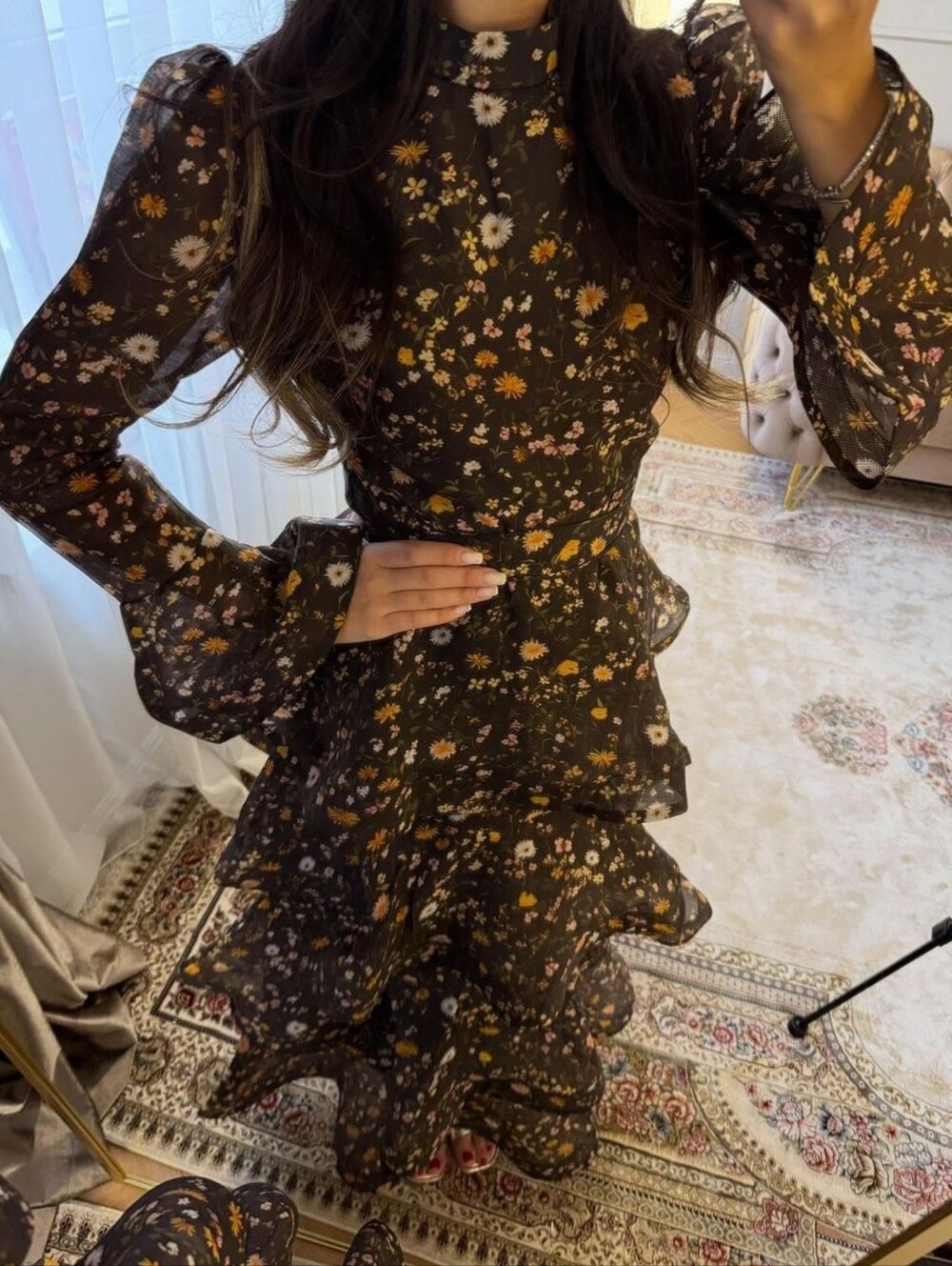 Casual Printed Long Bow Dress Women Chic V-Neck Short Puff Sleeve Waist-Closed - Picture 5 of 13
